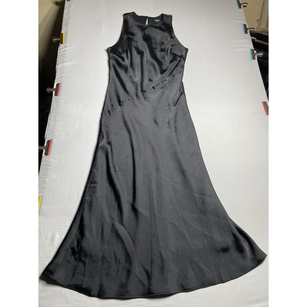 Express Womens Medium Black Satin Maxi Dress Sleeveless A-Line Formal Wedding - Picture 1 of 14